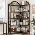 thumbnail image 1 of 5 - tier industrial l - shaped de esquina estante con arched metal frame: wood & metal abiertos almacenamiento para sala de estar, dormitorio, kitchen & oficina en casa (brown), 1 of 6