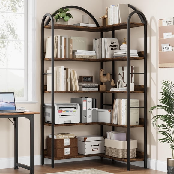 5 - tier industrial l - shaped de esquina estante con arched metal frame: wood & metal abiertos almacenamiento para sala de estar, dormitorio, kitchen & oficina en casa (brown)