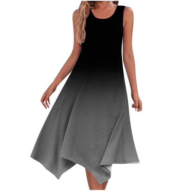 KIHOUT Robes d'Été pour Femmes 2024, Robe d'Été Décontractée pour Dames Sans Manches, Ourlet en Pointe, Robe Maxi Débardeur, Robe de Plage avec Poches Gris Foncé m