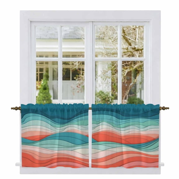Teal Red Ocean Waves Tier Curtains 24 Inch Length, Summer Beach Coastal Abstract Cafe Short Curtains for Bathroom Over Sink, Small Kitchen Curtain Light Filtering Tiered Drapes 2 Panels 27.5"Wx24"L