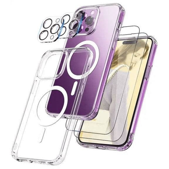 5-in-1 Magnetic Designed for iPhone 15 Pro Max Case, [Enhanced Military Grade Protection] with 2 Screen Protector   2 Camera Lens Protector, Slim for iPhone 15 ProMax Case - Crystal Clear