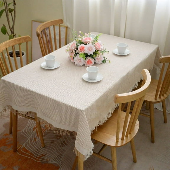 CSFL Brown Linen Tablecloth Rectangle Table, Gingham Tablecloths Cotton, Washable Table Cover with Two-color Tassel for Farmhouse Decor, Outdoor Picnic, Dining and Camping (71"x51", 6ft)