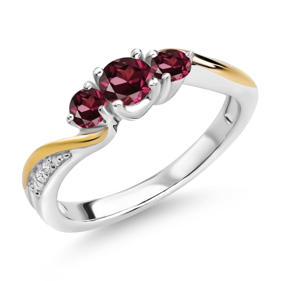 Gem Stone King 925 Sterling Silver and 10K Yellow Gold Red Rhodolite Garnet and White Lab Grown Diamond 3 Stone Engagement Ring for Women (0.64 Cttw, Gemstone January Birthstone, Size 9)