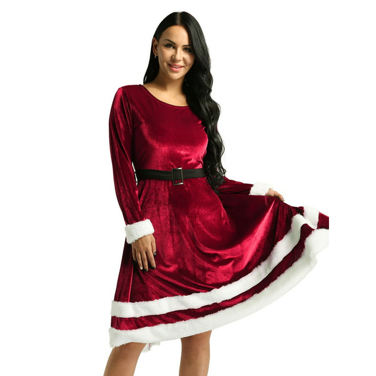 DPOIS Women's Velvet Long Sleeves Mrs Santa Claus Costume Christmas Fancy  Dress Red 5X-Large