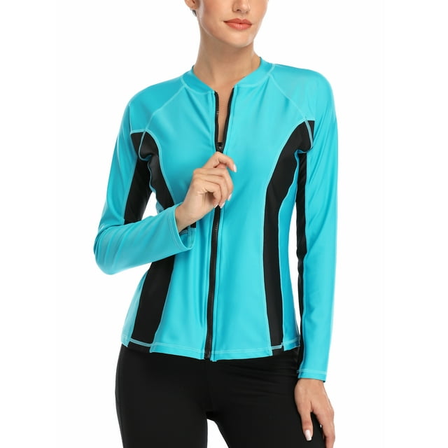 Attraco Women Long Sleeve Zipper Rash Guard Color Block Swimwear UPF 50