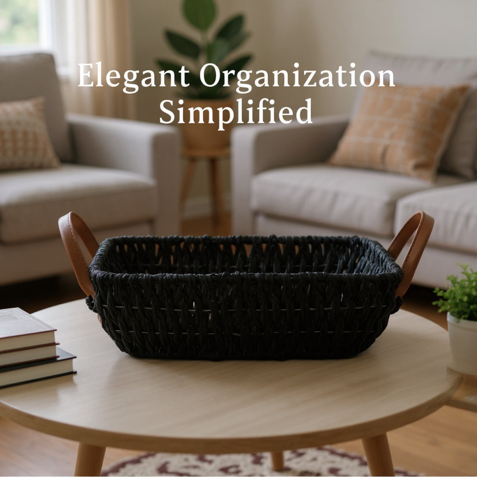 Wicker Storage Basket, Black Paper Rope Woven Bin with Leather Handles, 12.6 x 7.9 x 3.9 in, Decorative Organizer Baskets with Handles for Shelf, Table, Coffee Table