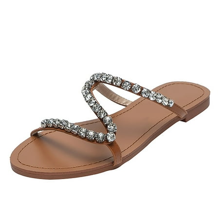 

Youmylove Women Slip On Flat Sandals Casual Bling Rhinestone Strap Sandals Open Toe Slide Sandals Summer Comfy Daily Simple Walking Footwears