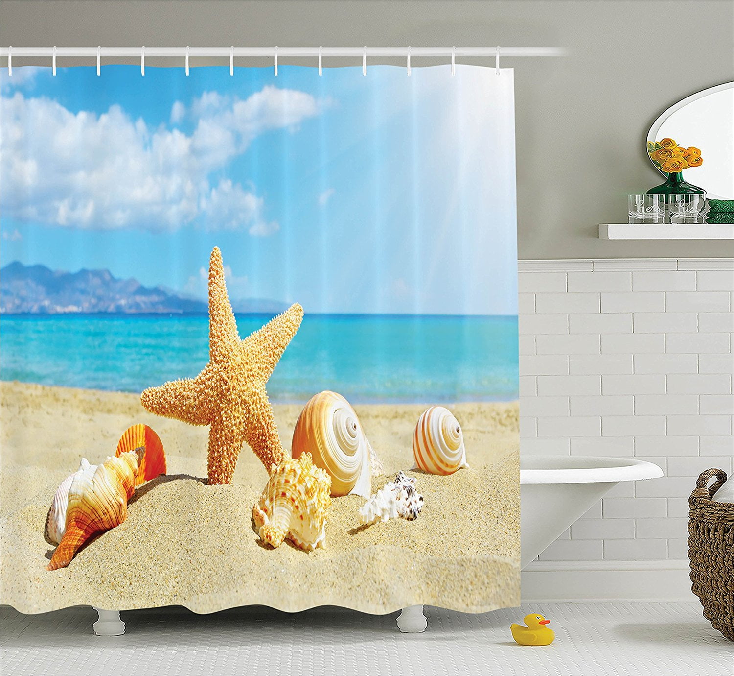 Beach Shower Curtain Sand with Sea Shells Print for Bathroom 70 Inches Long