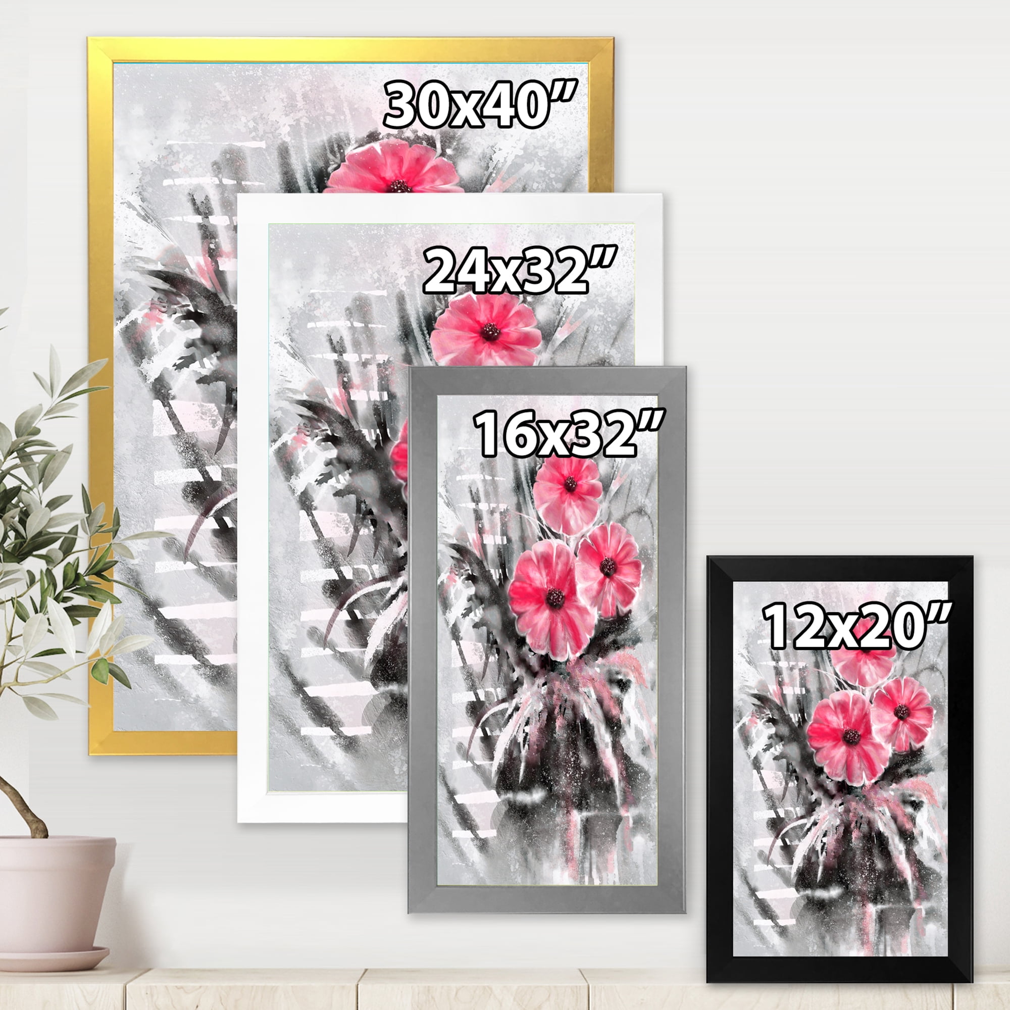 Designart 'Abstract Red Flowers On Gray Background' Traditional Framed Art Print