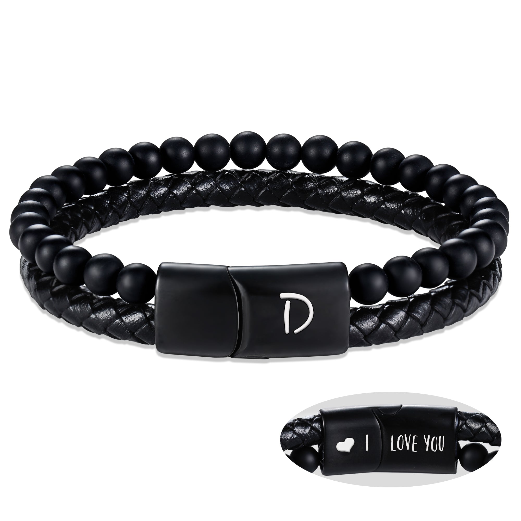 Leather Bracelet for Men Initial D Layered Black Beaded Bracelets I Love You Gifts for Him Anniversary Birthday Gift for Boyfriend Dad Husband Son