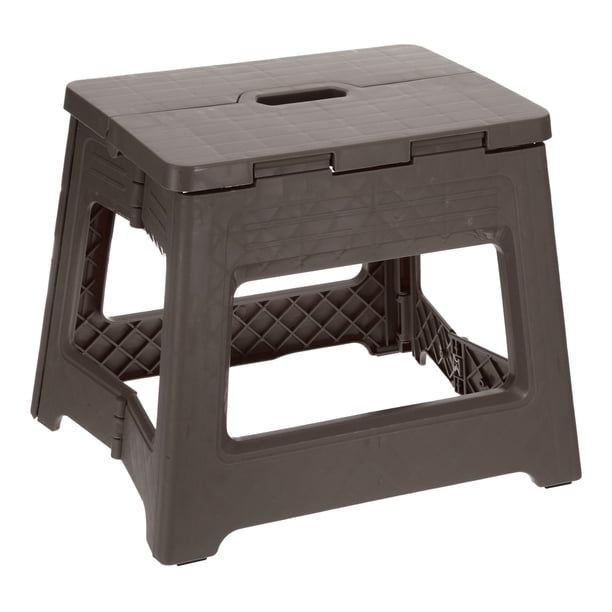 Uxcell Taburete de paso plegable de 9" para adultos, capacidad de 132lbs, taburete antideslizante con mango, marrón, pequeño