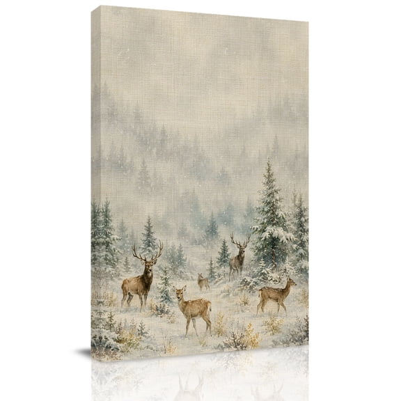 Canvas Wall Art, Christmas Framed Canvas Prints for Hallway Living Room, Winter Elks Pine Forest Snowflake Xmas Extra Large Gallery Wrapped Wall Decor for Home Office, Gifts, 20"x30" Ship Next Day