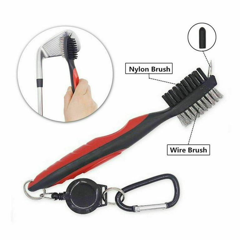 Golf Club Brush Cleaning Tool 2 Sided Wires Nylon Retractable Zip Line  Black