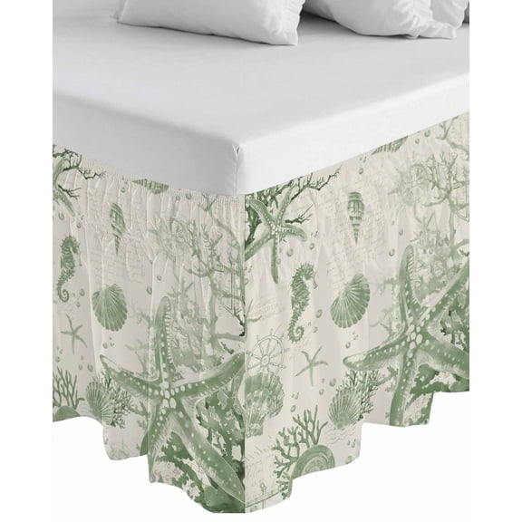 Sage Green Starfish Wrap Around Bed Skirts for California King Bed 16" Drop,Bed Skirt with Adjustable Elastic Belt Dust Ruffle Bed Valance for Bedroom Coastal Nautical Seahorse Conch Bed Frame Cover