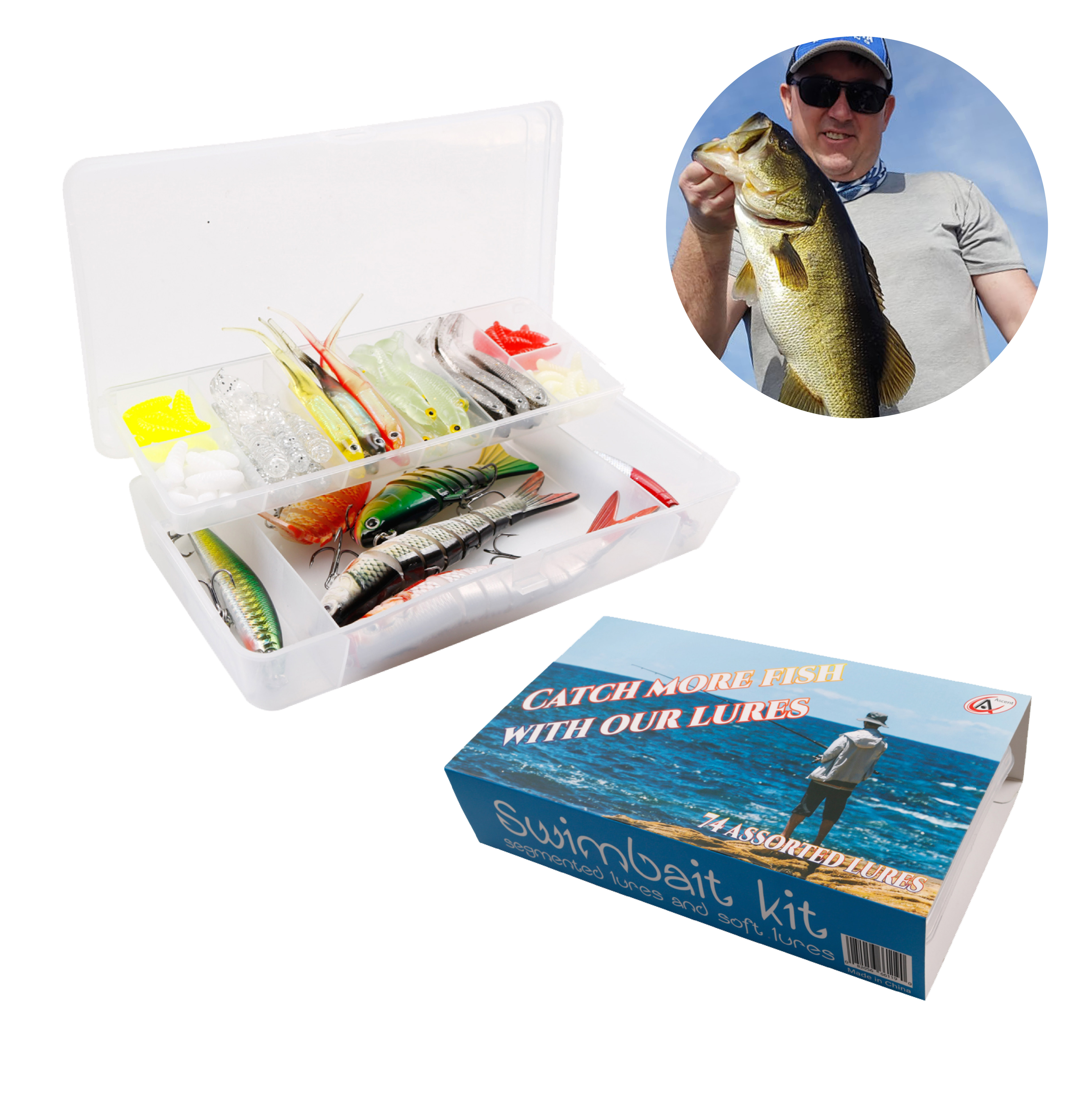 Ascent's Fisherman's Gift Lures Fishing Kit Gift Boxed - 74 pcs Combo Set Including Segmented Lures, Crankbaits, Plastic Worms, Topwater Lures, Tackle Box, Gift Idea for Father, Men, Women, Kids