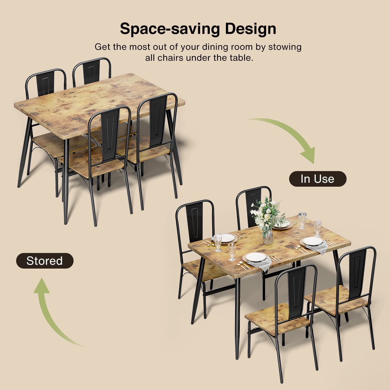 Lofka Dining Table Set for 4, 5 Piece Kitchen Table and Chairs Set for Small Spaces,Soft Seat,Modern Dining Furniture Set,Retro Brown