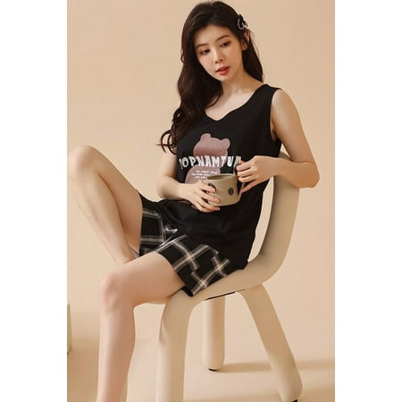 

QWZNDZGR Summer 4XL Vest PJ Pajamas For Women Kawaii Girls Sleepwear Cartoon Pajama Sets Pyjamas Yellow Plaid Sleepwear Homewear Fashion