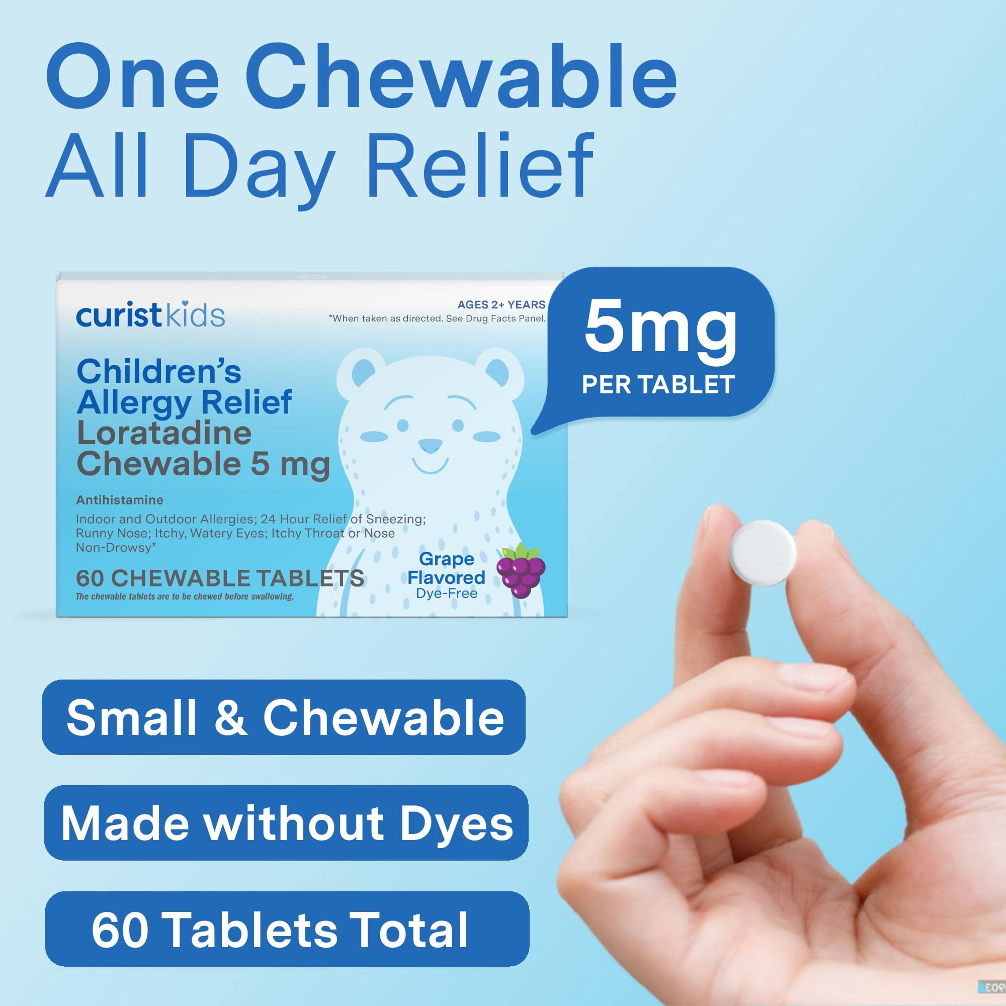 Curist Children's Allergy Medicine Chewable (Loratadine 5mg), 24 Hour Allergy Relief for Sneezing, Runny Nose, Itchy Eyes & Throat, Kids Allergy Chewable Tablets, 120 Count Grape Flavor, Pack of 2