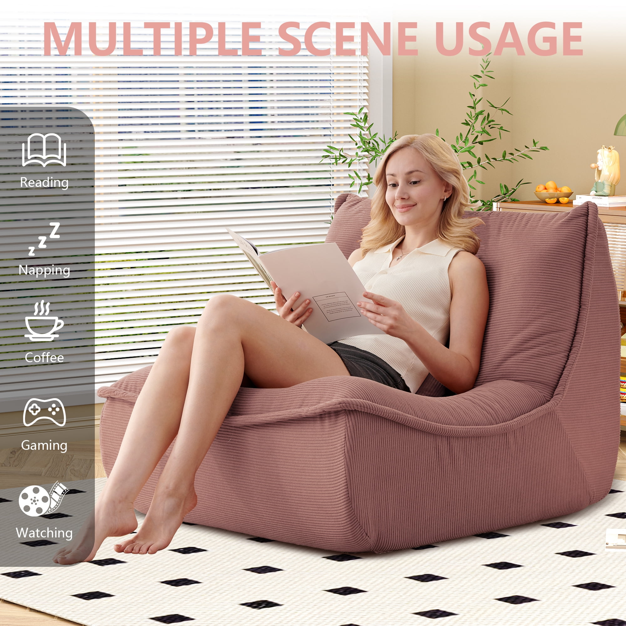 NBLDGT Bean Bag Chair for Adults, Single Lounge Chair with Lumbar Pillow, Comfy Floor Sofa with High-Resilience Foam, Lazy Accent Chair for Living Room, Bedroom, Apartment, Or Reading Corner, Pink
