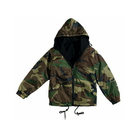 Woodland Camo Reversible Nylon Jacket - Woodland Camo Reversible Nylon Jacket with Fleece Lining, Large