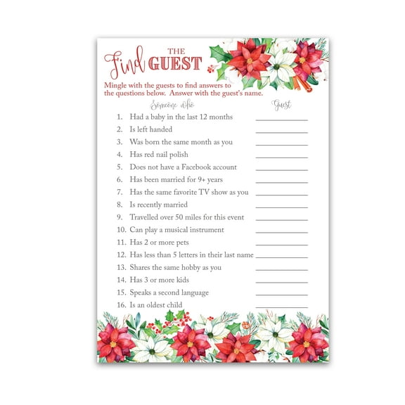 CHRISTMAS Baby Shower Game — FIND THE GUEST Baby Shower Game — Pack of 25 — X-Mas Icebreaker Baby Shower Party Game, Guess Who Came to the party Game, Christmas Baby Shower Quiz Game, SKU G770-FTG