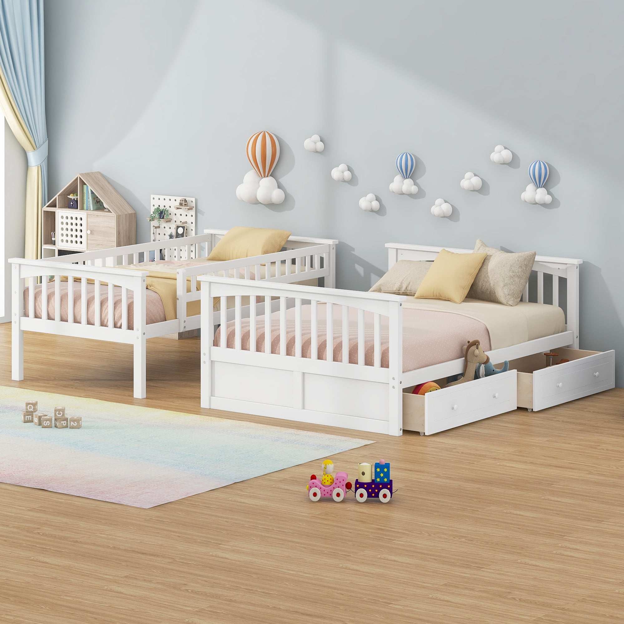 Euroco Wood Twin over Full Bunk Bed with Drawers, Convertible Two Beds in One, White
