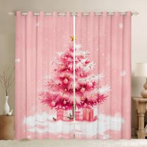 Manfei Pink Christmas Tree Blackout Curtains Set of 2 (52x84 Each) for Kids Girls, Happy New Year Window Curtains, Merry Xmas Curtains and Drapes, Luxury Bedroom Decor