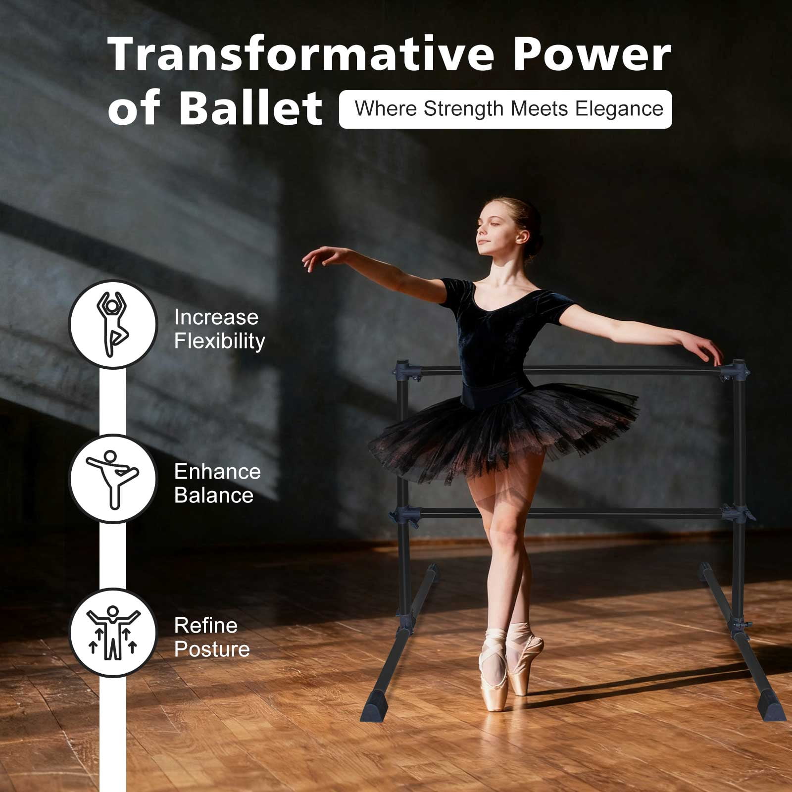 EUROCO 4FT Double Ballet Barre, Freestanding and Adjustable Dance Barre