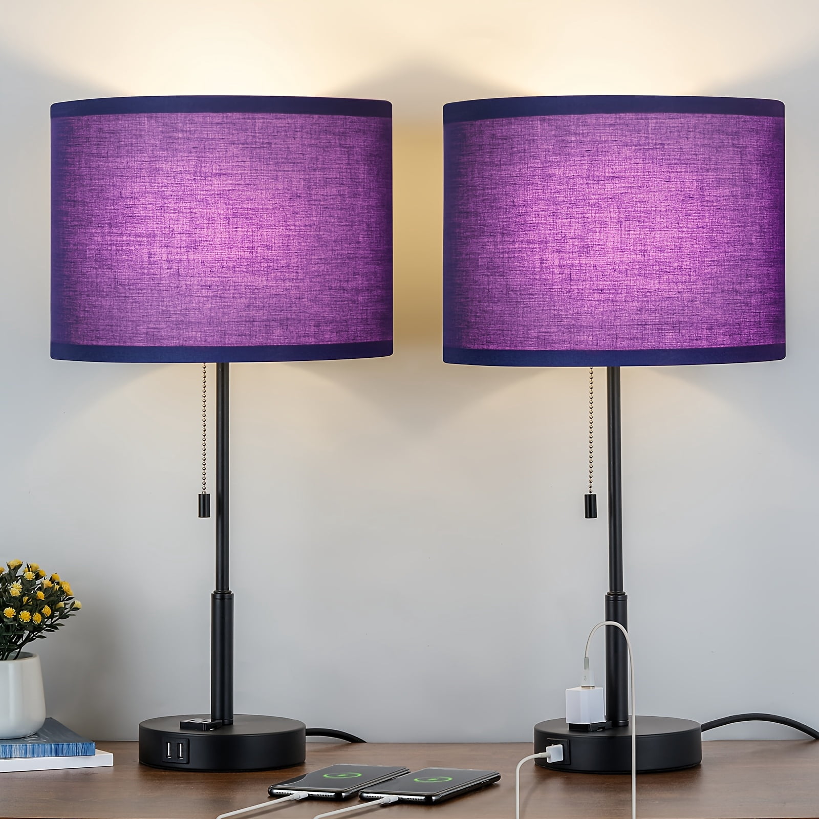 Modern Style Large Table Lamp Set, with 2 USB Ports And a 3-Hole AC Socket Table Lamp, Suitable for Bedroom, Living Room, Study, Including LED Light Bulb, 21.7 Inches High