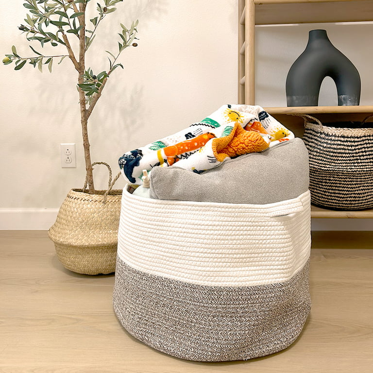 A*Homeist Extra Large Cotton Rope Basket 21.7x 13.8 Blanket Basket Woven  Baby Laundry Baskets Toys Storage Basket with Handle - White & Brown