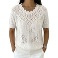 thumbnail image 4 of WCJM Lace Spliced Ribbed Knit T Shirt Women Short Sleeve Rolled Cuff Daily Wear Casual (White,M), 4 of 5