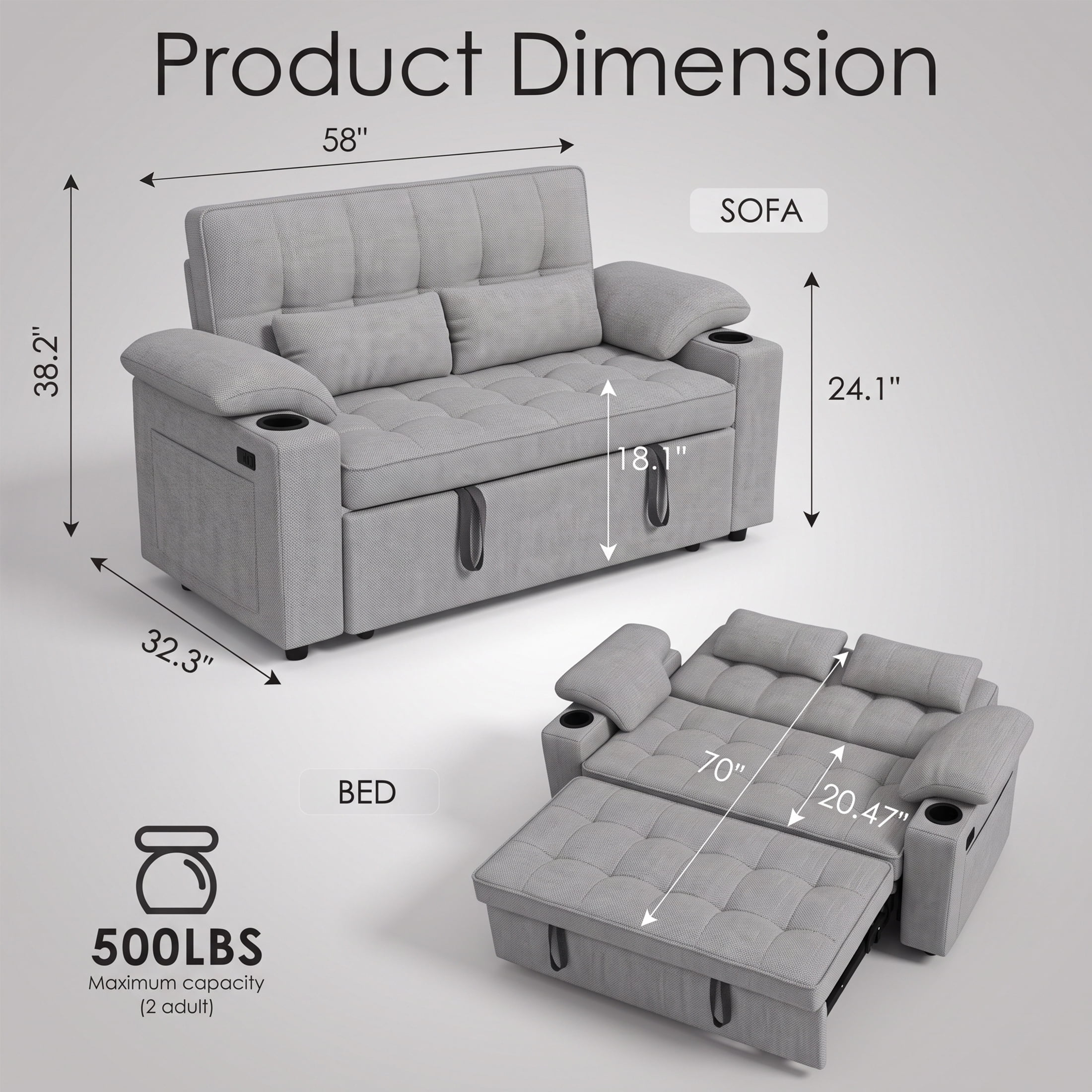 Xiweot Convertible Sleeper Sofa Bed, 58" Full Size Pull Out Couch with Cup Holders, Adjustable Backrest, USB Ports & Side Pockets, Towel Fabric Sleeper Loveseat for Living Room Apartment (Light Gray)