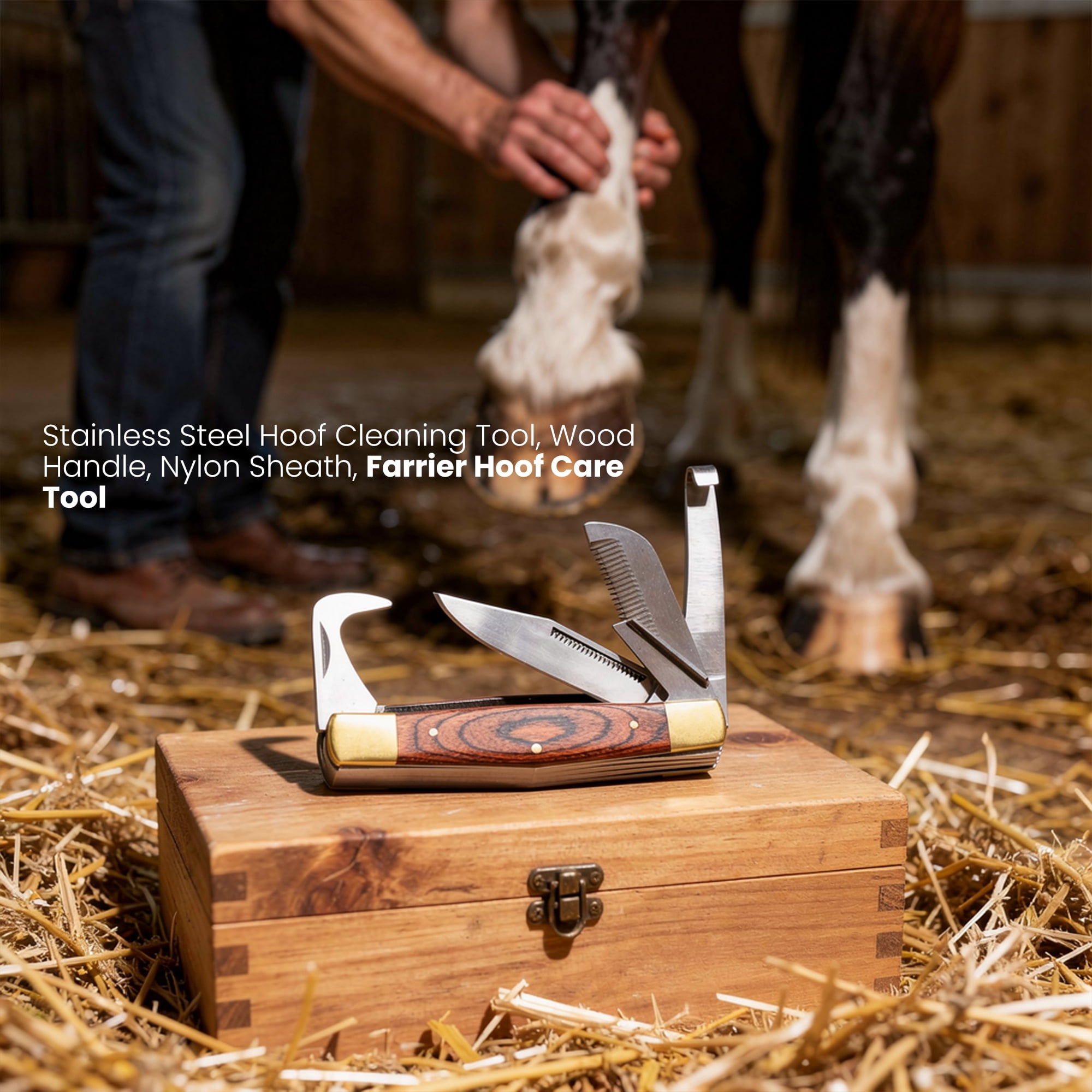 Rite Edge 4 Inch Rancher’s Horse Hoof Multitool Stainless Steel Hoof Pick Knife with Wood Handle, Hair Thinning Blade & Nylon Sheath