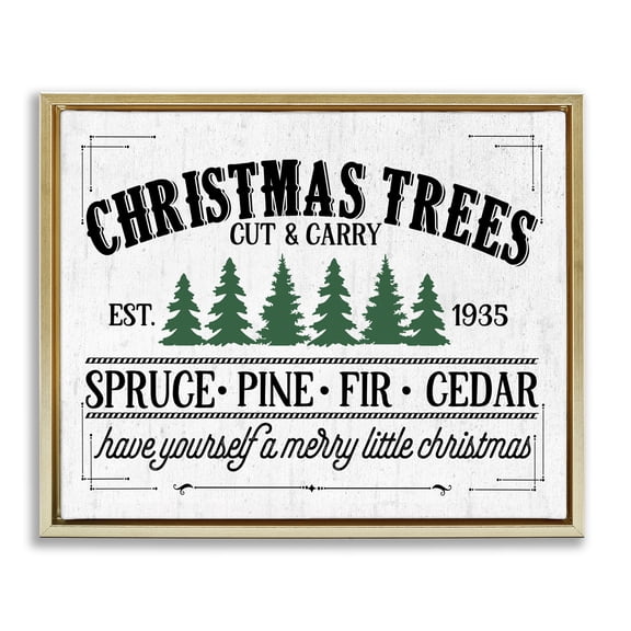 Stupell Industries Traditional Christmas Trees Vintage Sign Gold Floating Frame Canvas Art, 21 x 17, by Lettered and Lined