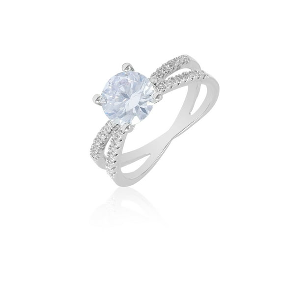 Fine Silver Plate Round Criss Cross Engagement Ring with Cubic Zirconia stones