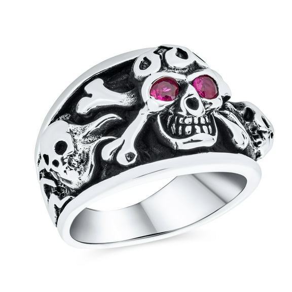 Bling Jewelry Mens Mens Stainless Steel Biker Ring with Simulated Red Ruby CZ Eyes