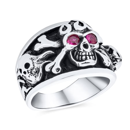 Bling Jewelry Mens Mens Stainless Steel Biker Ring with Simulated Red Ruby CZ Eyes