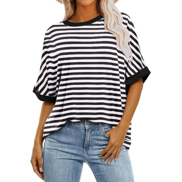Pisexur Hauts d'Été pour Femmes Mode Décontractée Blouses à Imprimé Rayé Amples Confortables T-Shirts à Col Rond Basiques Polyvalents à Manches Courtes Hauts de Sortie T-Shirts Chemises