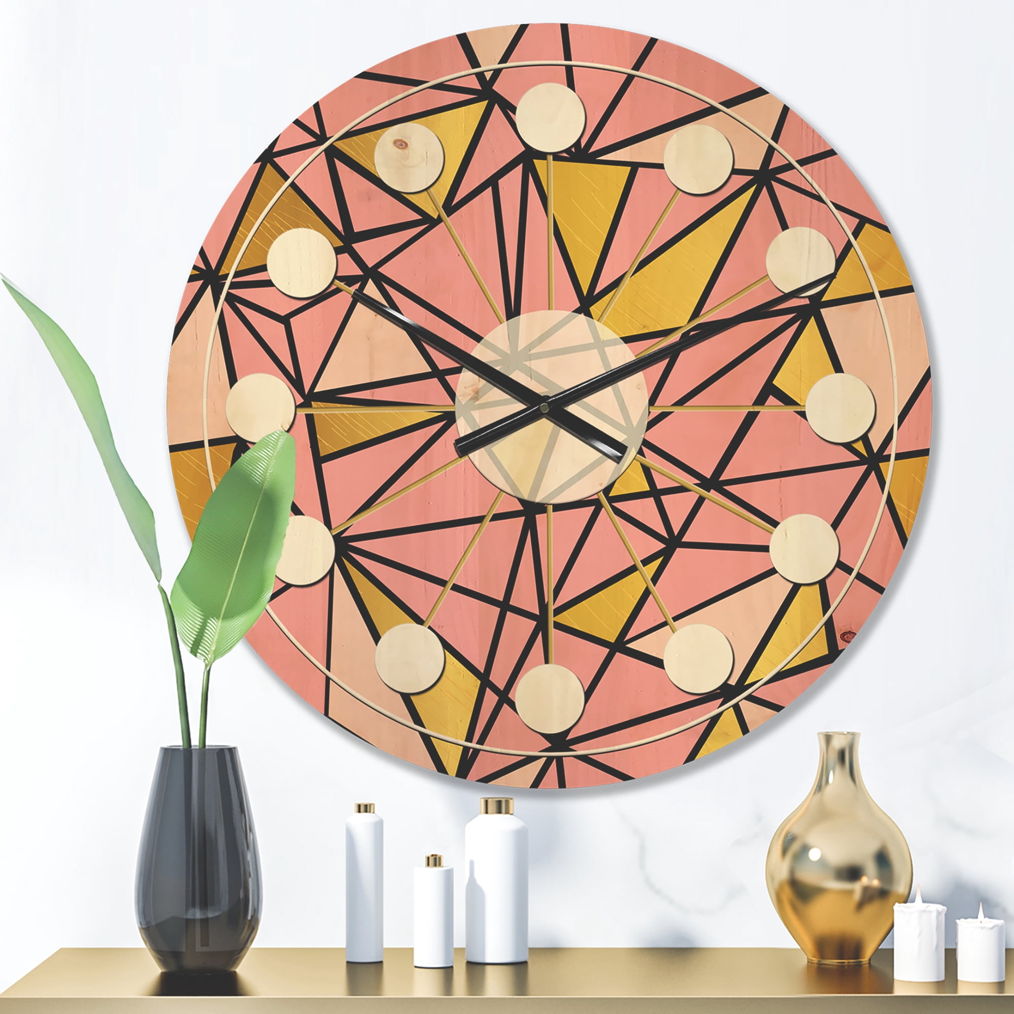 Designart 'Triangular Gold Design Retro II' Mid-Century Modern Wood Wall Clock