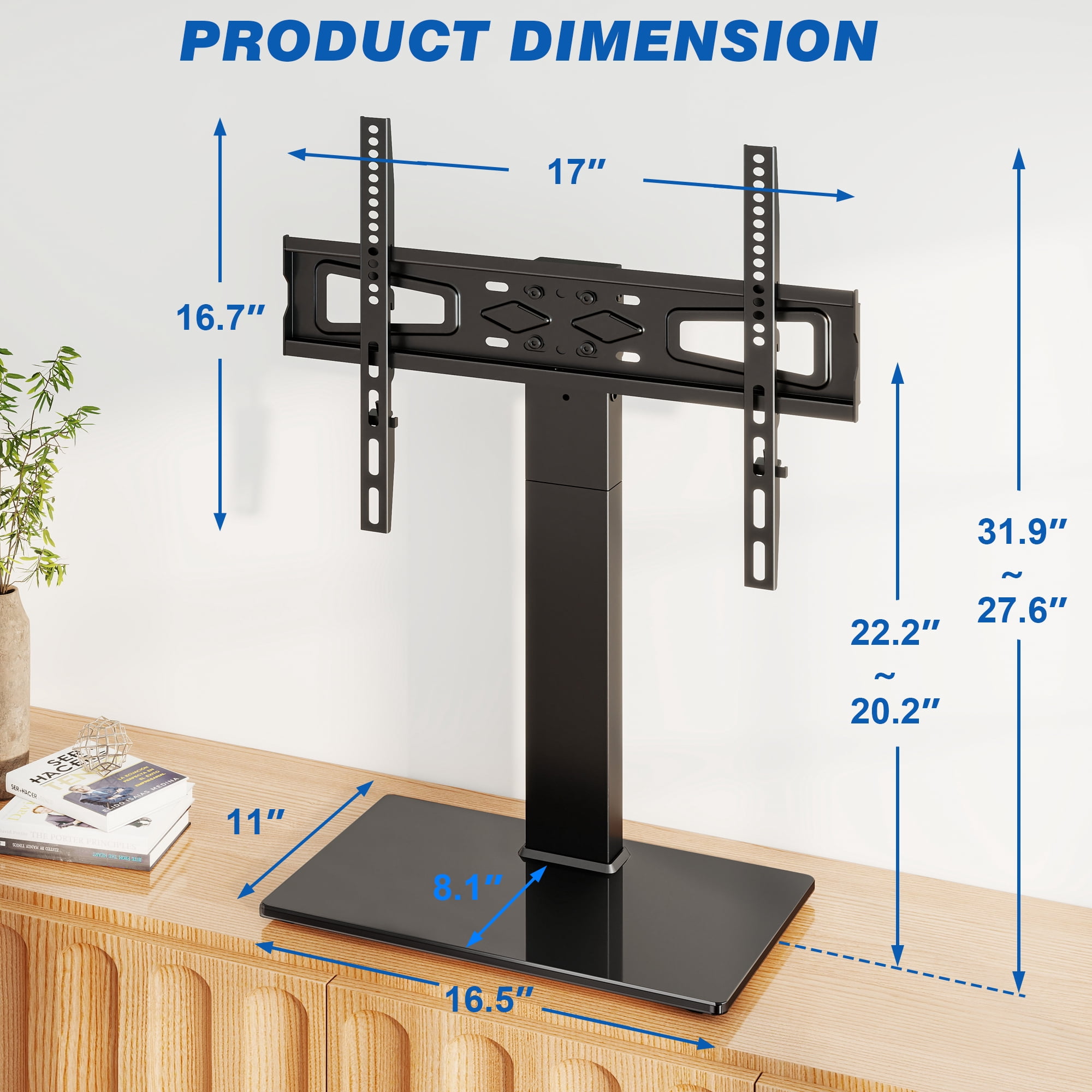 RTVR Universal Table Top TV Stand for 32 to 75 inch Flat Screen TVs, Swivel Height Adjustable Table Mount Base, Black