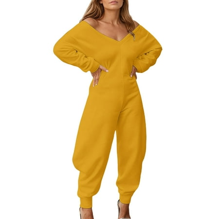 Tiweut Jumpsuit for Women Solid Color Sweatshirt Long Sleeve V Neck Romper Elegant Loose Fit Trousers Yellow M