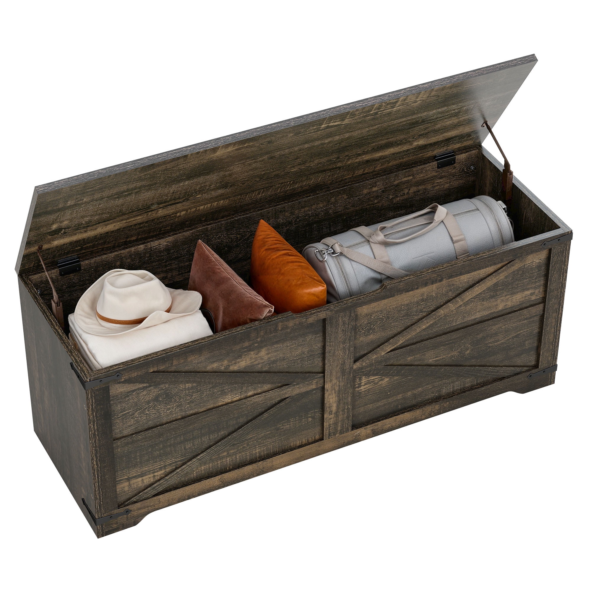 Uforic 47.2" Farmhouse Storage Bench, Wooden Chest with Safety Hinges, Shoe Organizer - Rustic Brown