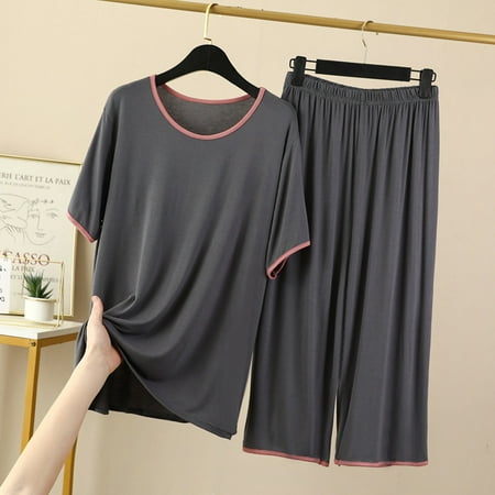 

Satin Pajamas for Women Silk Sleepwear Sets Short Sleeve Cropped Pant Nightwear Suits Comfy Lounge Sets Homewear (XXL Dark Gray)