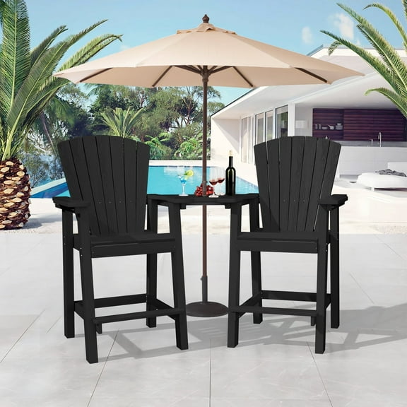 JUSTLET Tall Plastic Adirondack Chair Set of 2 W/ Outdoor Barstools and Connecting Tray, Black