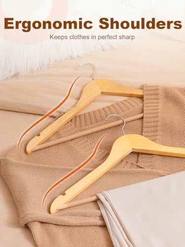 Wooden Hangers 10 Pack, Solid Wood Hanger with Non Slip Pant Bar, Heavy Duty Wooden Coat Hanger for Closet, Smooth Finish Wood Clothes Hangers for Shirts, Suits, Jackets, Dress, Natural