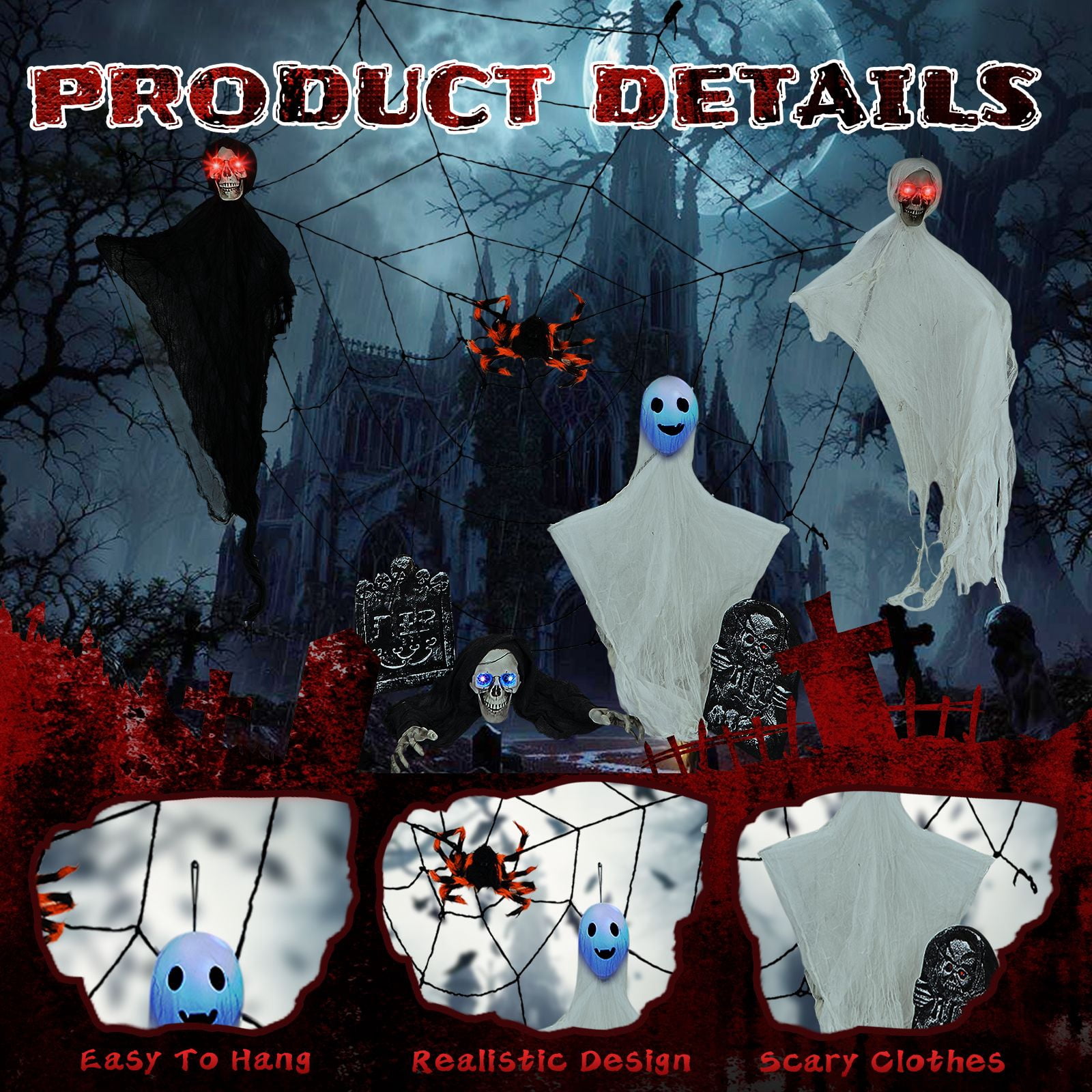 Outdoor Halloween Decorations 8-Piece Set, Hanging Ghosts Decor and Cobweb and Gravestone with Lighted Up Eyes, Scary Swinging Ghost Flying for Yard Patio Lawn Garden