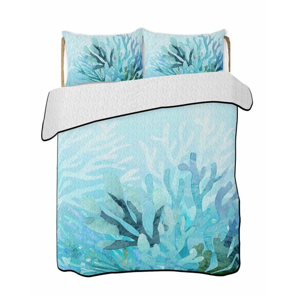 Quilts King Size Bedding Set, Teal Blue Corals Lightweight Quilted Comforter, Summer Modern Coastal Ocean Sea Soft Reversible Bedspread Coverlet with Pillow Covers for All Season, 96" x 106"