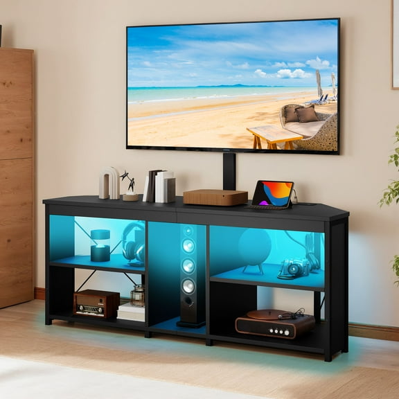 Craftian TV Stand with Mount for 32-70" TV, LED Entertainment Center with Power Outlets for Living Room, Black