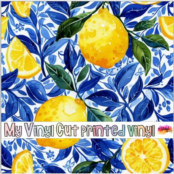 Printed Adhesive Vinyl Blue and Lemons D Pattern Permanent Adhesive (Large Scale) My Vinyl Cut Brand