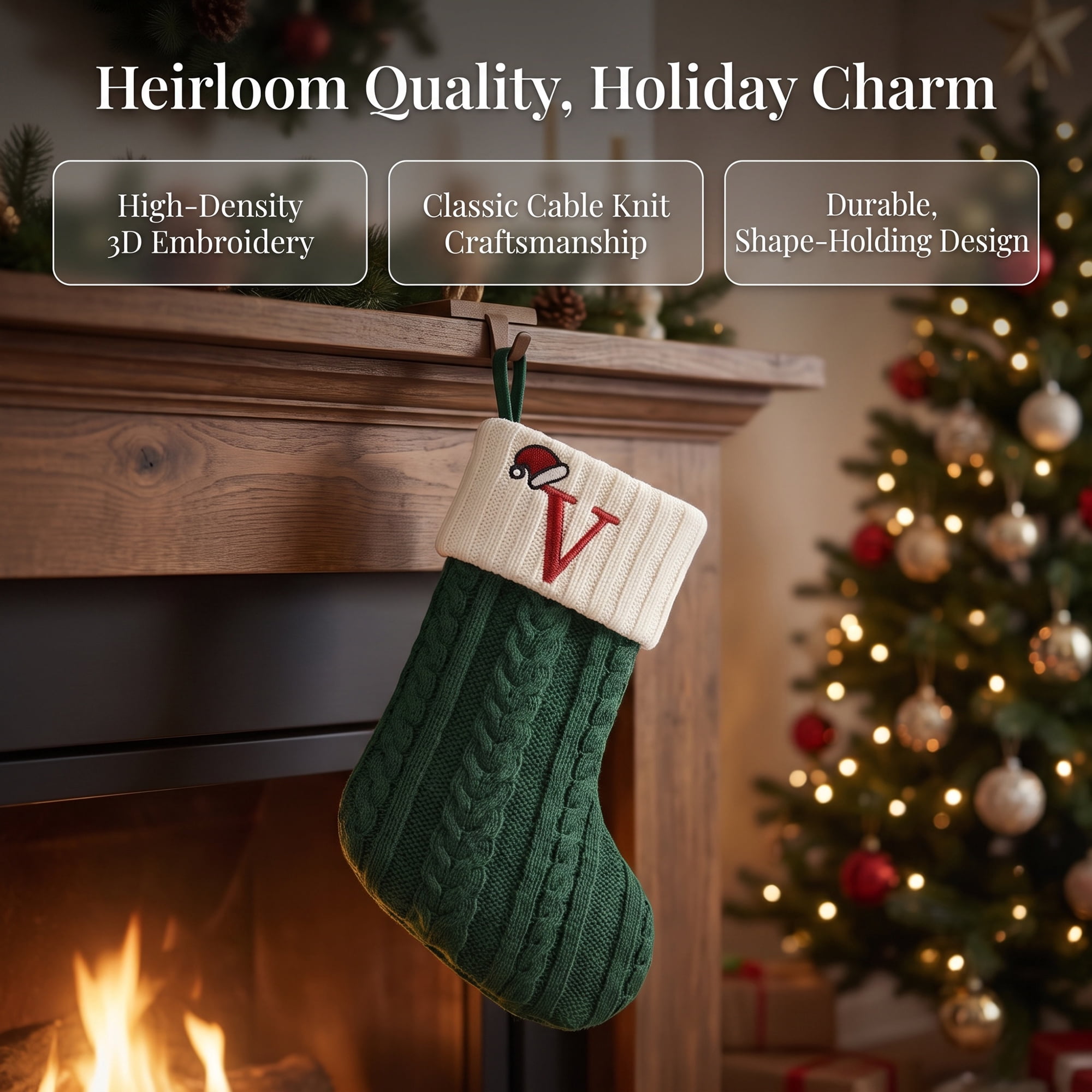 Unique Bargains Christmas Luxury Grand Hearth Accent Stocking Green Letter V 8"